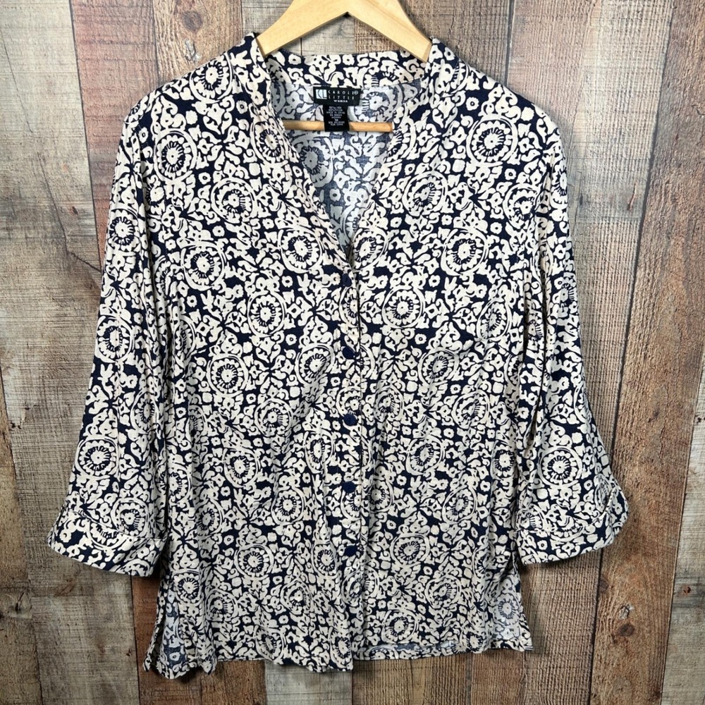 Vintage Carole Little Navy Linen Rayon Medallion Floral Blouse Plus Size 1X